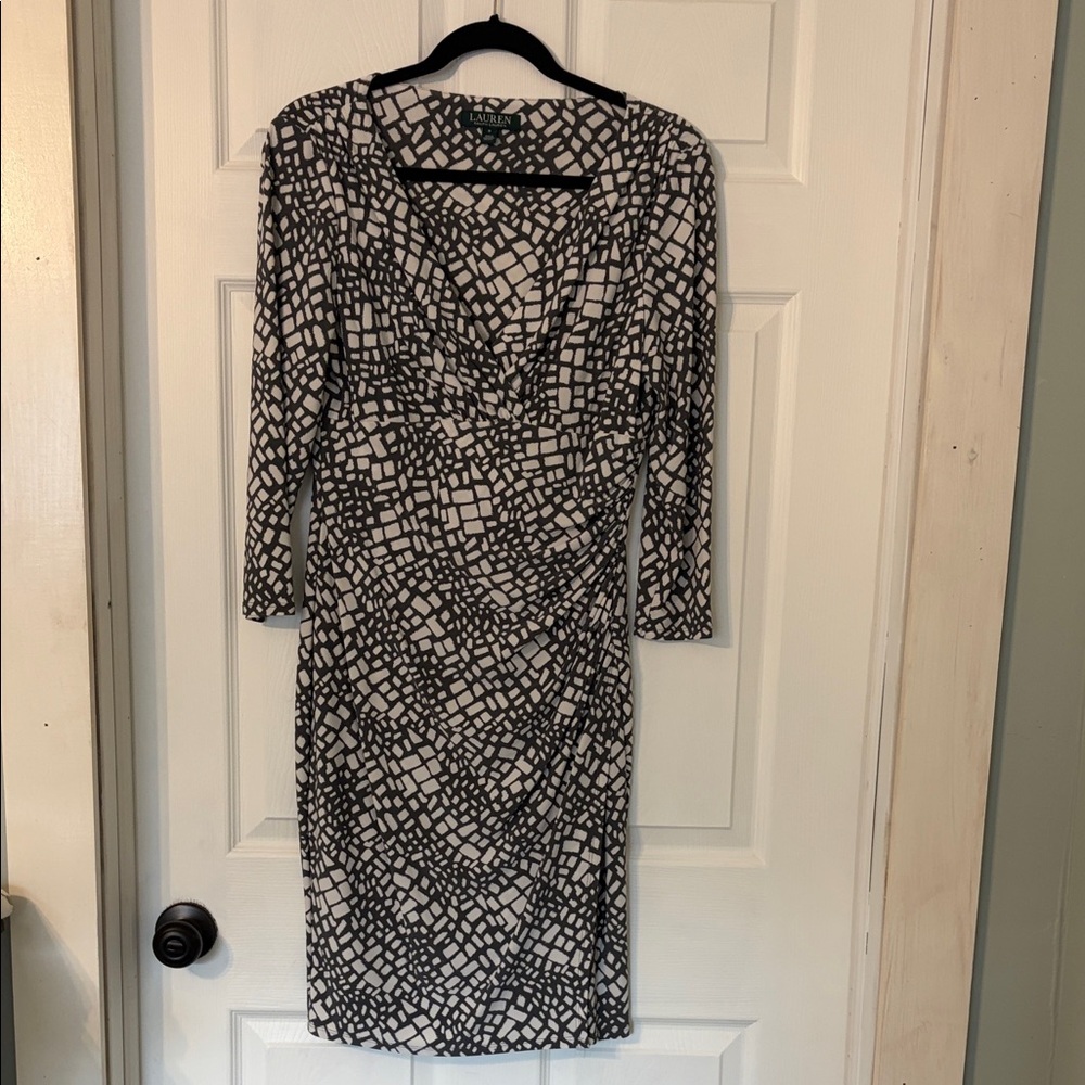 Ralph Lauren Black and White Geometric Long Sleeve Dress